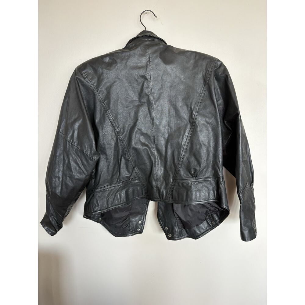 Vintage Tarazzia Black Leather Jacket Women’s L 90s Oversized Open Front Coat - Picture 4 of 11